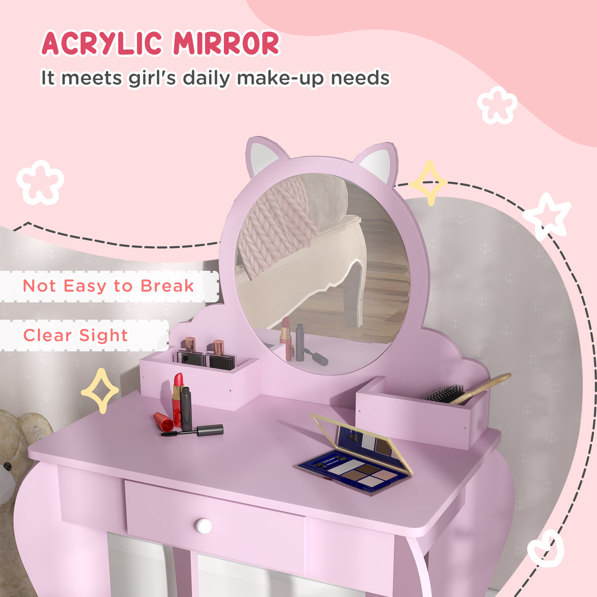 Kids Vanity Table with Mirror, Stool, Drawer, Storage Boxes, Cat Design, for Ages 3-6 Years - Pink