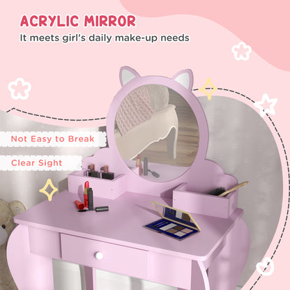Kids Vanity Table with Mirror, Stool, Drawer, Storage Boxes, Cat Design, for Ages 3-6 Years - Pink