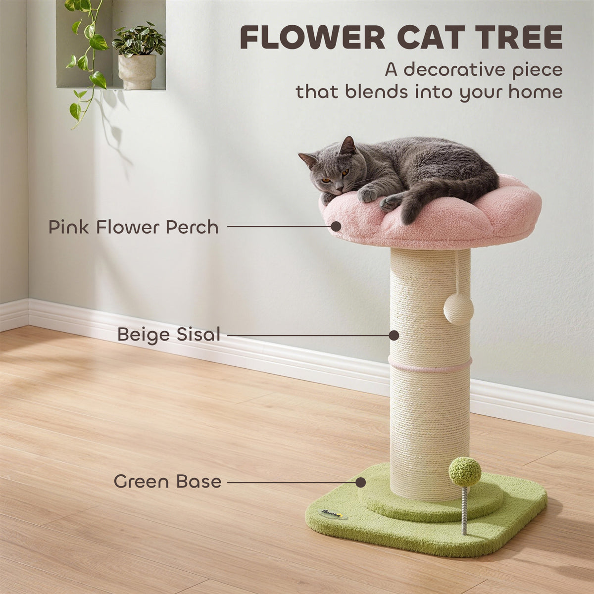 Cat Tree, Flower Cat Scratching Post with Thick Sisal Post, Dangling & Spring Balls, Bed, Kitty Activity Centre