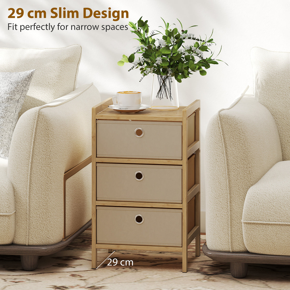Chest of Drawers, 3 Fabric Drawers Narrow Dresser with Bamboo Frame, Cream White