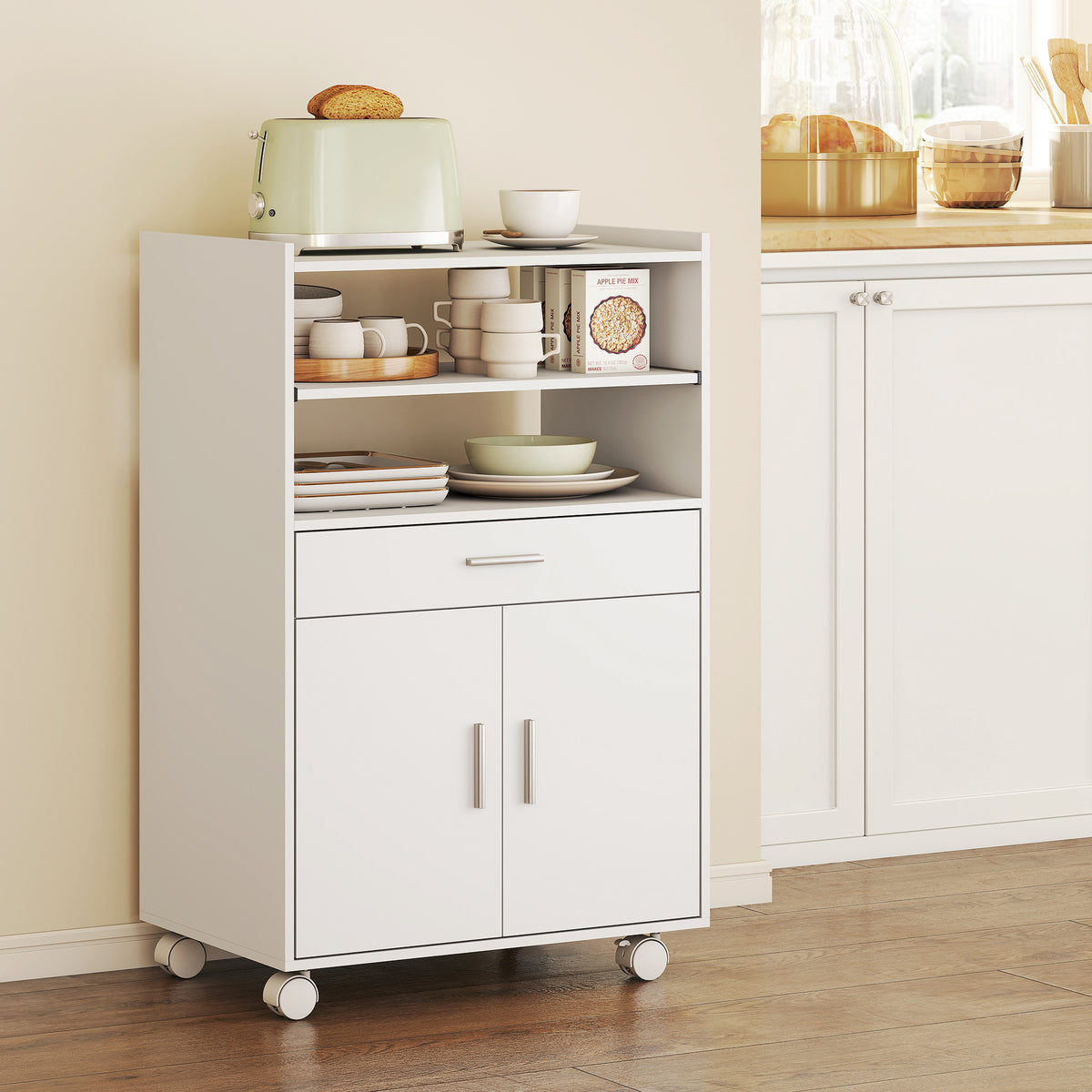 Kitchen Trolley with Wheels, Modern Mobile Microwave Stand with Slide-Out Shelf, Drawer and 2 Doors for Dining Room