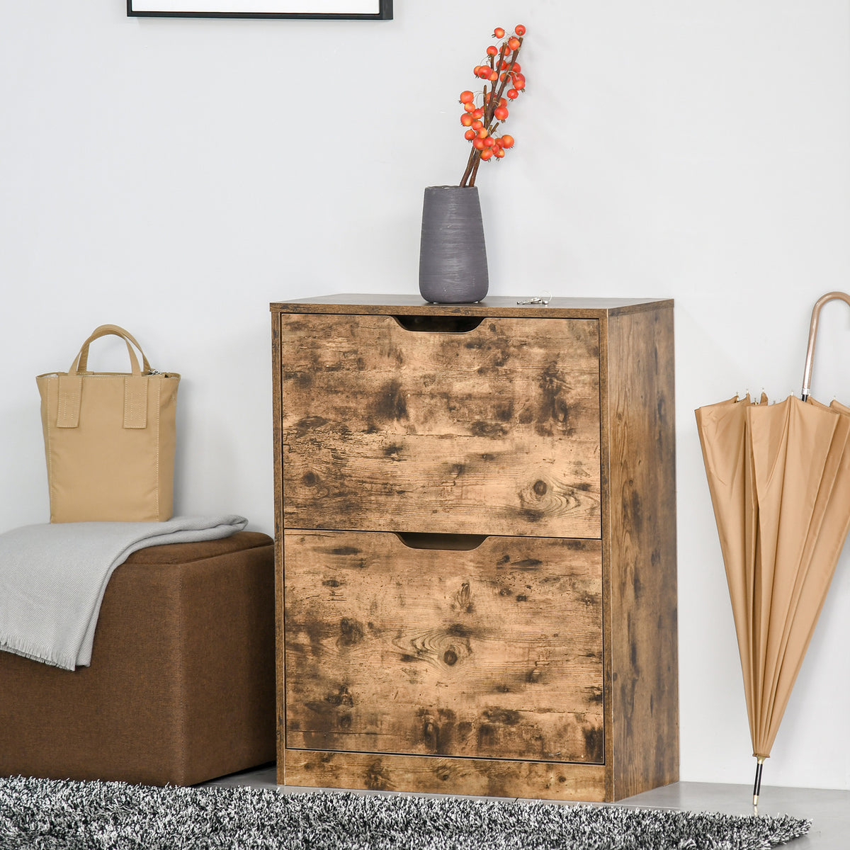Industrial Shoe Cabinet with 2 Flip Drawers, Narrow Shoe Storage Cabinet for 12 Pairs, Freestanding Slim Shoe Storage Organiser for Entryway, Hallway, Rustic Brown