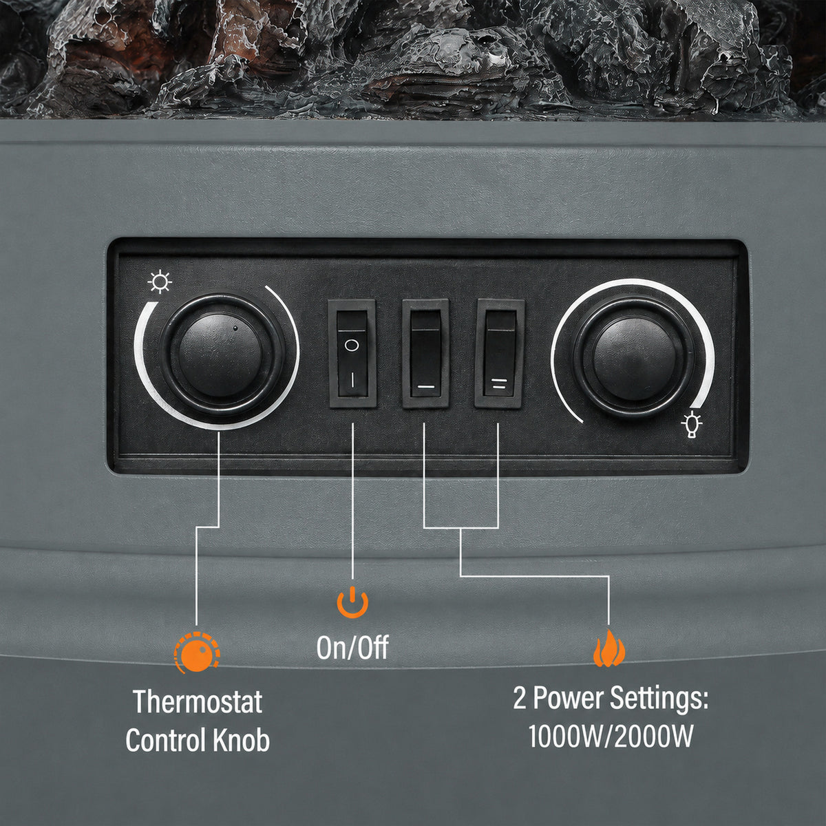1kW-2kW Vintage Electric Fireplace Heater - Grey