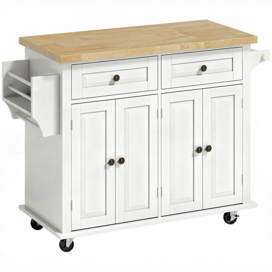 Kitchen Island on Wheels, Rolling Kitchen Storage Trolley with Rubber Wood Top, Drawers, Adjustable Shelves, Cream White