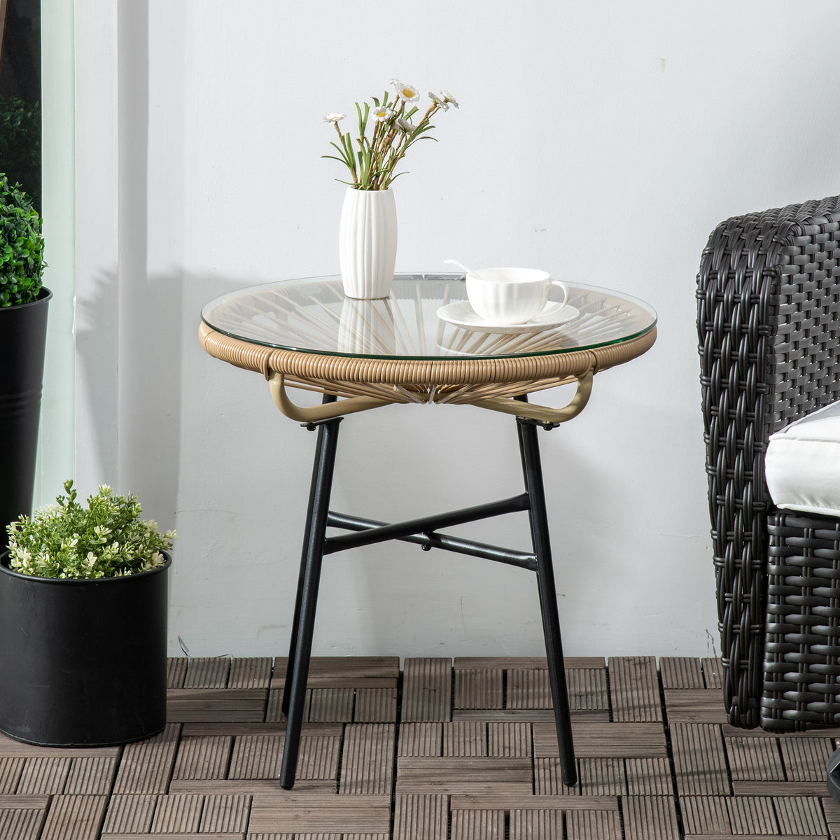 Rattan Side Table, Round Outdoor Coffee Table, with Round PE Rattan and Tempered Glass Tabletop for Patio, Garden, Balcony, Beige