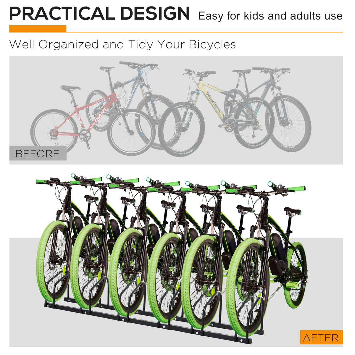 Bike Stand Parking Rack Floor or Wall Mount Bicycle Cycle Storage Locking Stand 179L x 33W x 27H (6 Racks, Black)