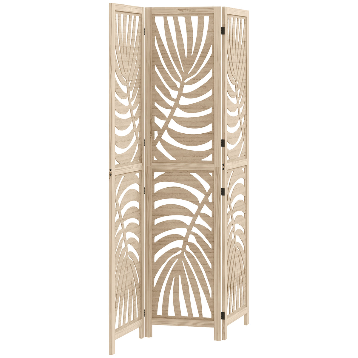 3 Panel Room Divider, Detachable Folding Privacy Screens with Palm Leaf Design for Home Office, Natural Wood Finish