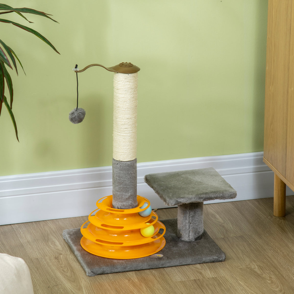 56cm Cat Tree Tower Activity Centre, Climbing Stand Kitten House Furniture w/ Scratching Posts, Toy Ball - Grey