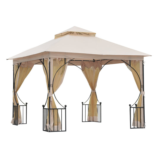 3 x 3(m) Garden Gazebo Patio Party Tent Shelter Outdoor Canopy Double Tier Sun Shade Metal Frame Netting, Beige