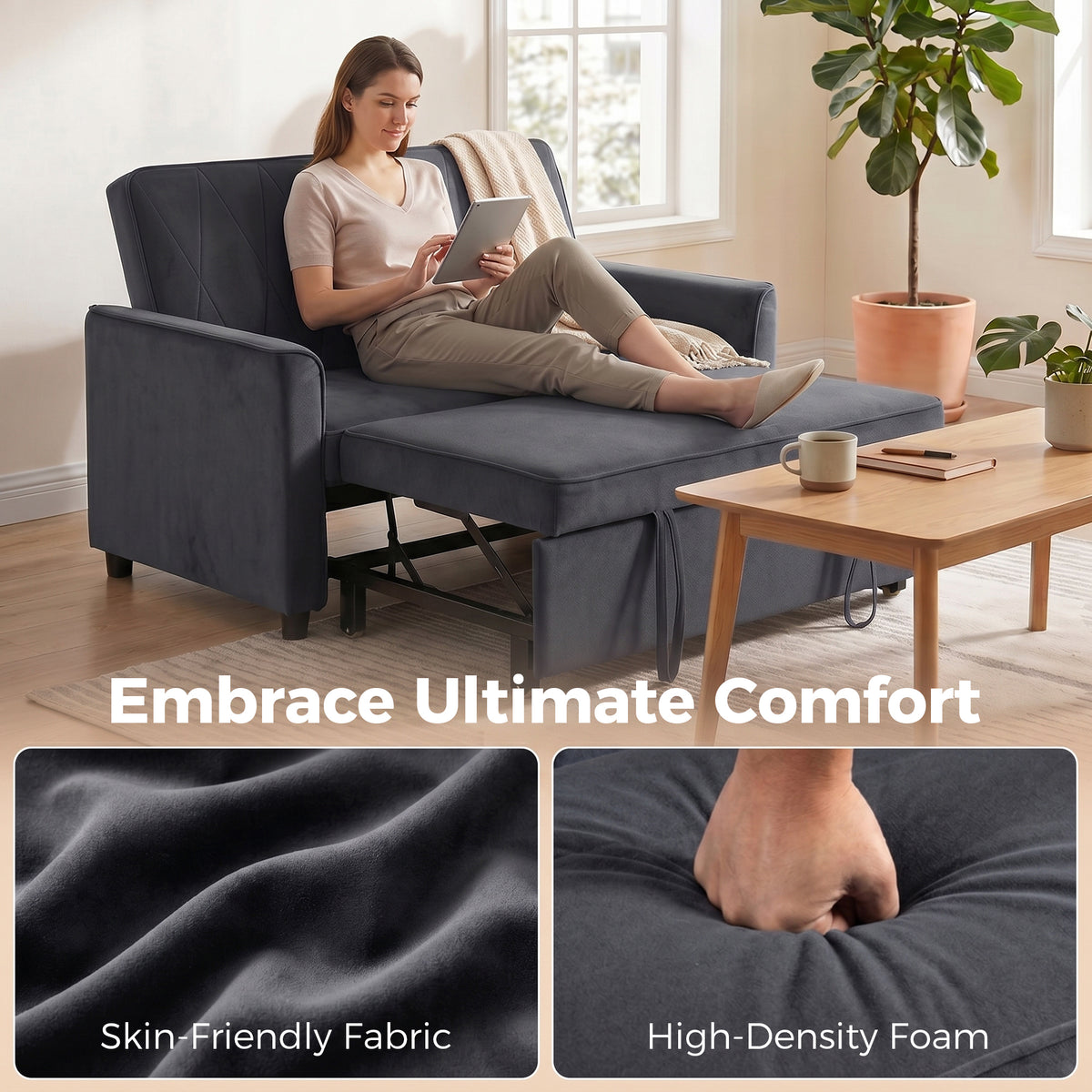 2 Seater Sofa Bed, 3-in-1 Convertible Pull Out Sleeper Sofa with Click-Clack Adjustable Backrest