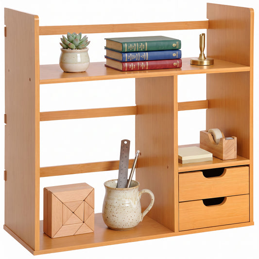 Desk Organiser Compartments Desktop Bookshelf Stationery Storage Shelf Document File Holder with 2 Drawers 2-way Reversed Use Bamboo