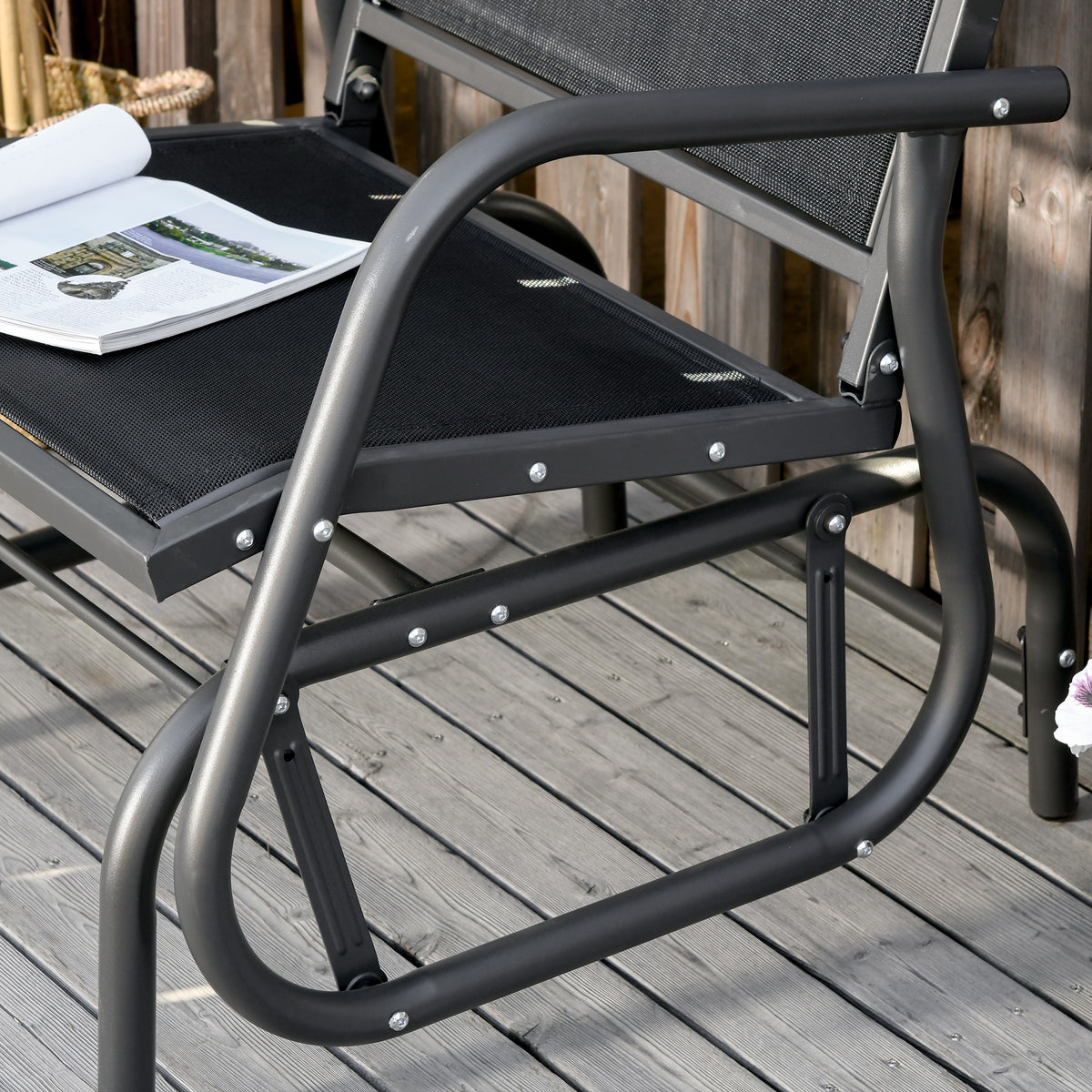 Outdoor Garden Glider Chair, Metal Frame Single Armchair Swing Seater w/ Breath Mesh Fabric Seat, Curved Backrest, Armrests, for Living Room, Patio, Porch, Dark Grey
