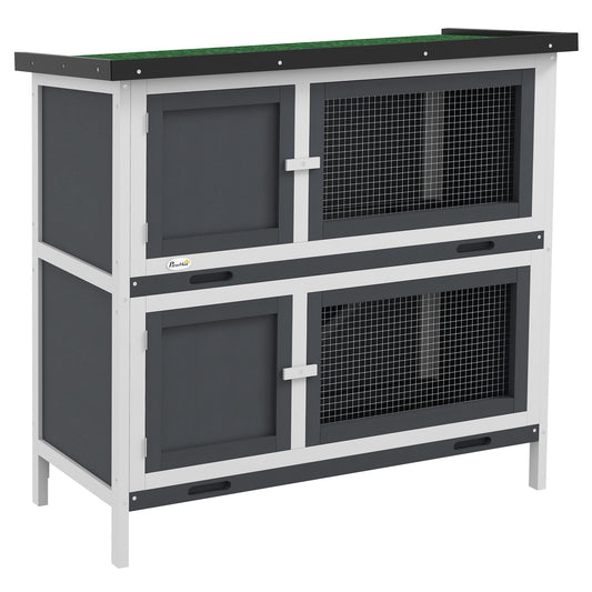 Double Decker Rabbit Hutch 2 Tier Guinea Pig House Pet Cage Outdoor with Sliding-out Tray, 100 x 47 x 91cm, Grey