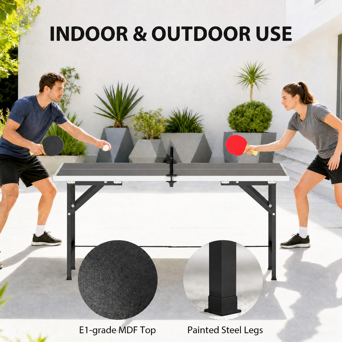 5ft Mid-Size Table Tennis Table, Ping Pong Table with Net, 2 Table Tennis Paddles and 3 Balls for Indoor Game, Black