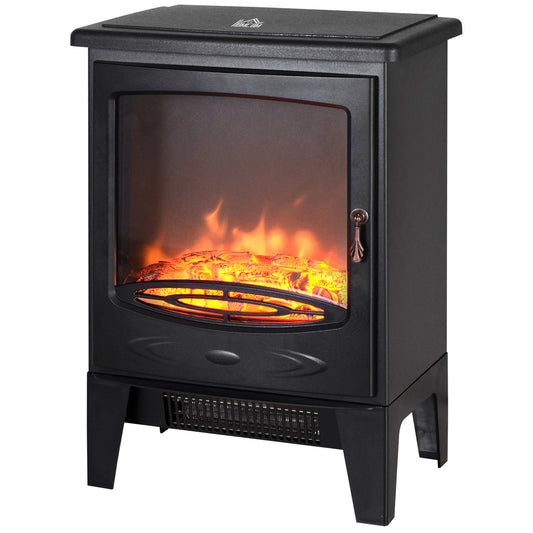 Electric Fireplace Stove, Freestanding Log Burner, 1000W/2000W, Portable Electric Fire Fan Heater with LED Flame Effect, Adjustable Thermostat, Glass, Overheat Protection, Black