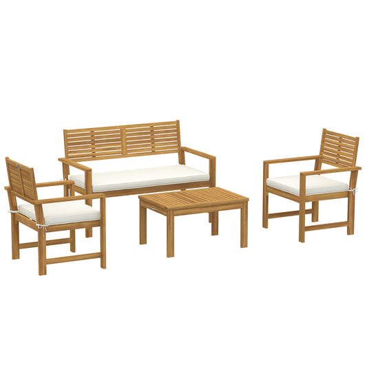 4 Seater Wooden Garden Furniture Set with Loveseat, Armchairs, Table, Acacia Wood Garden Sofa Set