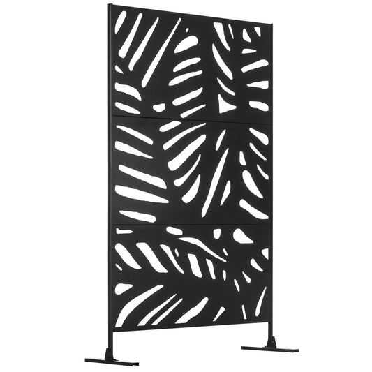Decorative Garden Privacy Screen with Stand, 6.5FT Freestanding Metal Outdoor Divider, Decorative Privacy Panel with Expansion Screws for Garden Pool Hot Tub, Large Leaves Style, Black