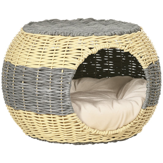 Wicker Cat House, Rattan Raised Cat Bed, Cosy Kitten Cave with Soft Washable Cushion, Φ40 x 30cm