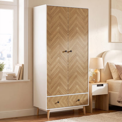 Cabinet Wood-Effect Sticker Surface, Modern Wardrobe with 2 Hanging Rods, 2 Storage Shelves and 2 Drawers, White
