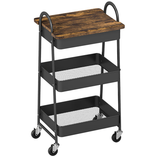 3-Tier Kitchen Storage Trolley with on Wheels Cover Top Board