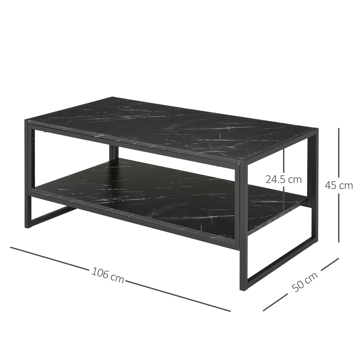 Coffee Table, Two-Tier Faux Marble Effect Centre Table with Metal Frame and Storage Shelf for Living Room, 106 x 50 x 45cm, Black