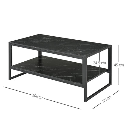 Coffee Table, Two-Tier Faux Marble Effect Centre Table with Metal Frame and Storage Shelf for Living Room, 106 x 50 x 45cm, Black