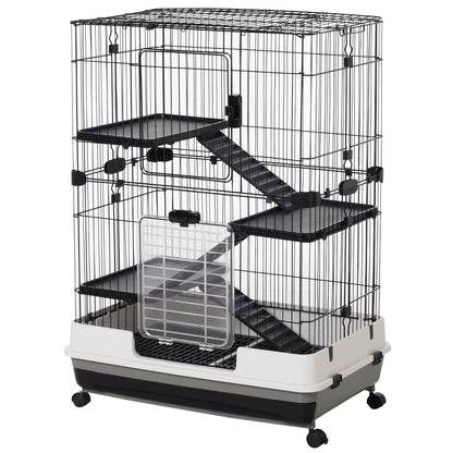 Four-Tier Small Animal Cage, for Bunnies, Ferrets, Chinchillas w/ Wheels, Tray - Black