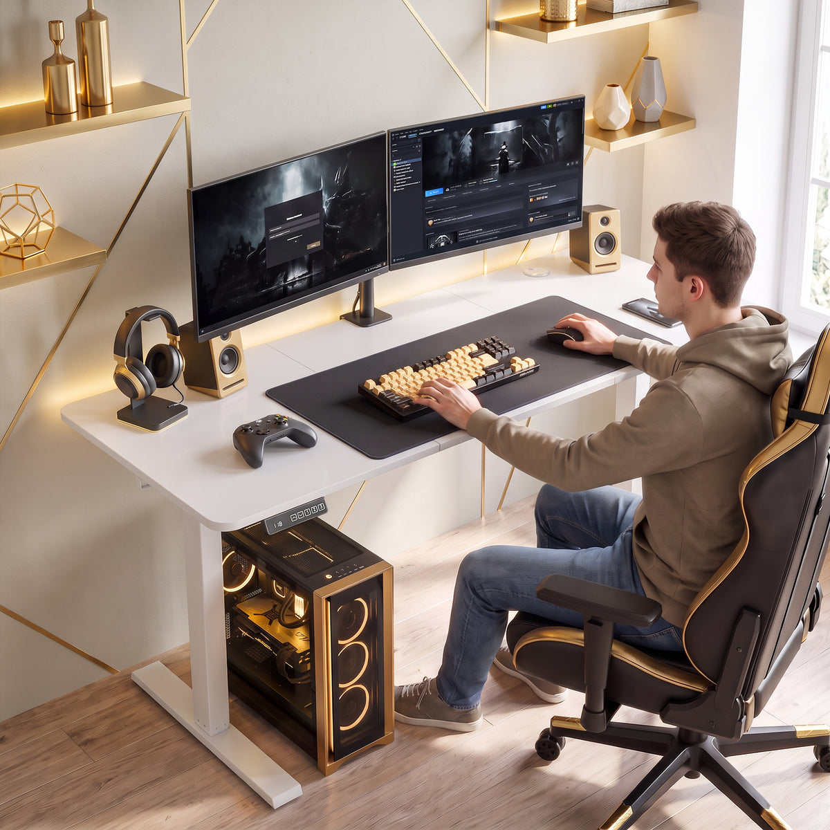 Standing Desk Memory Control Height Adjustable Desk 2 Cable Holes LED Display Sit Stand Desk White