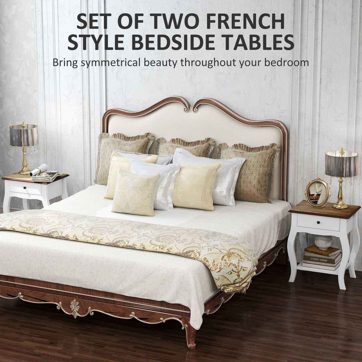 2pcs Bedside Tables with Drawer, French Style Bedside Cabinets with Open Shelf for Bedroom, Living Room, White