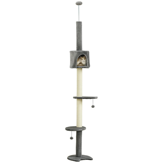 Floor to Ceiling Cat Tree for Indoor Cats, Kitten Tower, Condo, Multi-Layer Activity Center, Indoor Pet Play House with Solid Scratching Post Hanging Balls, Light Grey