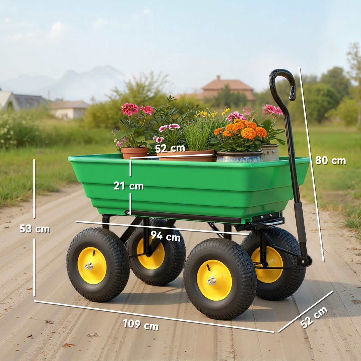 75 Litre Large Garden Cart, Tipping Wheelbarrows Heavy Duty Garden Dump Trolley 200kg Capacity for Festivals, Tools, Plants, Logs - Green