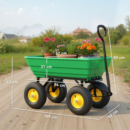 75 Litre Large Garden Cart, Tipping Wheelbarrows Heavy Duty Garden Dump Trolley 200kg Capacity for Festivals, Tools, Plants, Logs - Green