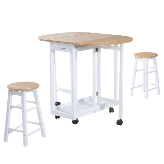 3 Pieces Dining Room Set, Mobile Foldable Dining Table and 2 Stools with Storage Shelf, 2 Drawers and 6 Wheels, Drop Leaf Bar Table and Stools for Home Kitchen Pub, White