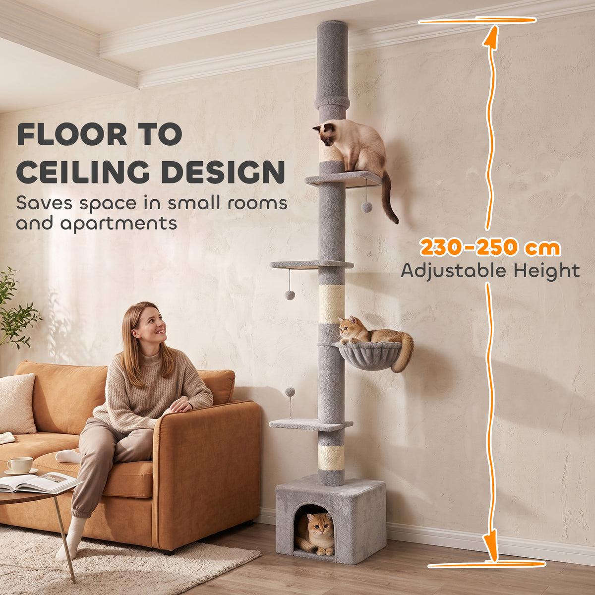 Floor to Ceiling Cat Tree, 230-250cm Multi-Level Cat Tower with Adjustable Height, Scratching Posts, Condo, Platforms