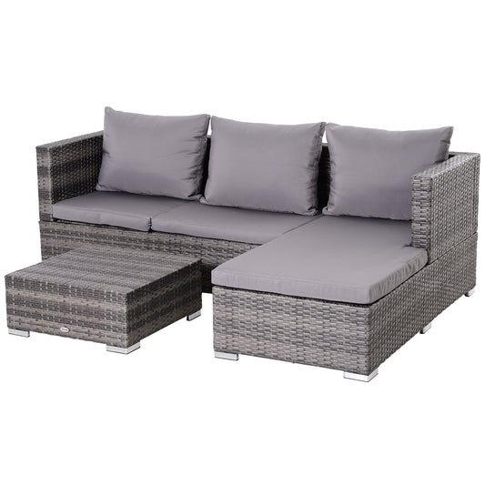 3PC Rattan Garden Furniture Storage Sofa Set, 4 Seater Wicker Coffee Table Conservatory Sun Lounger Reclining Set with Cushion, Grey