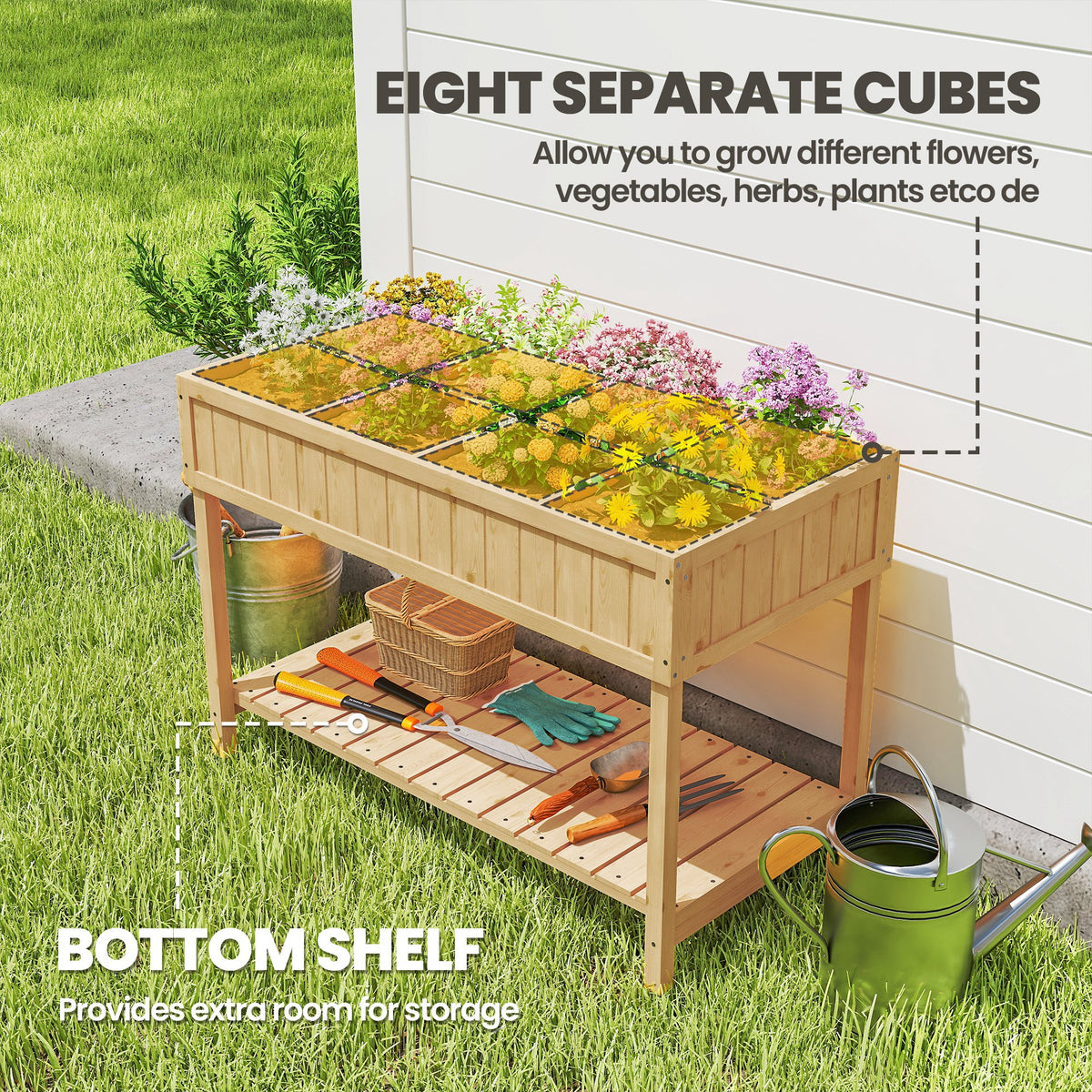 Garden Wooden Planters, Rectangular 8 Compartment Plant Stand