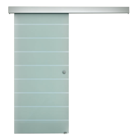 90cm Sliding Glass Door with Hardware Track Kit, Frosted Tempered Glass with Stripe Pattern, Round Handle