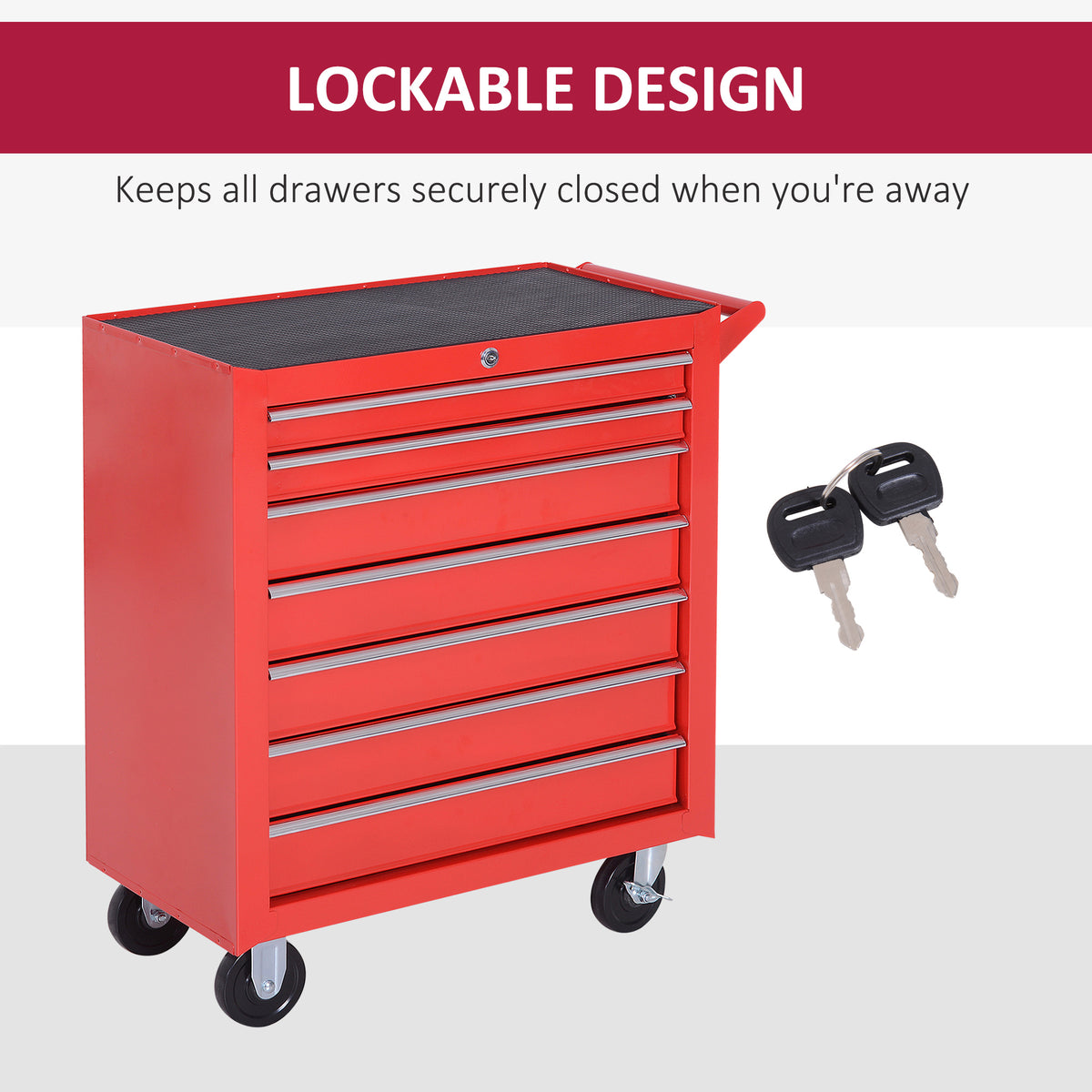 7-Drawer Tool Box on Wheels Tool Cabinet 150 Load with Lockable Swivel Castors, Red