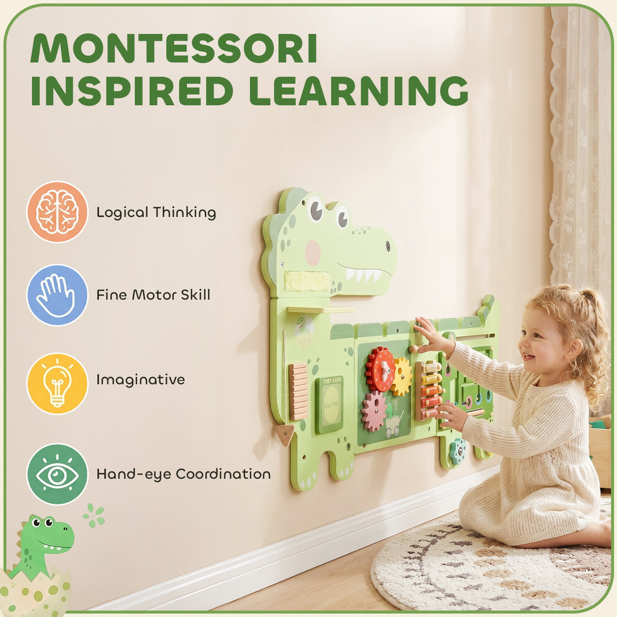 Busy Board Panels, Wall Mounted Montessori Inspired Busy Board, Toddler Learning Centre Dinosaur Theme