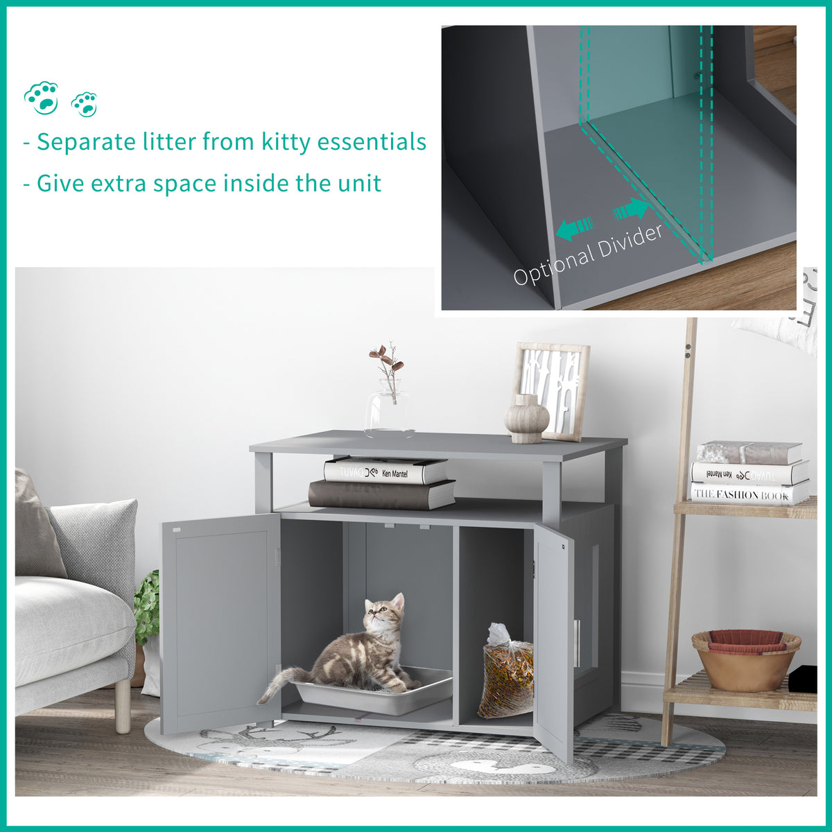 Wooden Cat Litter Box Enclosure Furniture with Adjustable Interior Wall & Large Tabletop for Nightstand