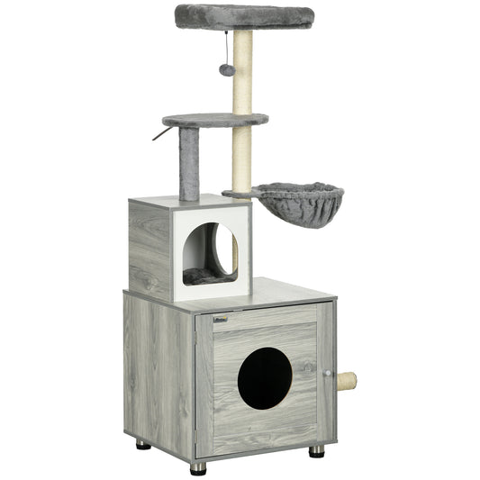 Enclosed Cat Litter Box with Cat House, Cat Bed, Scratching Posts, Platforms, for Indoor Cats - Grey