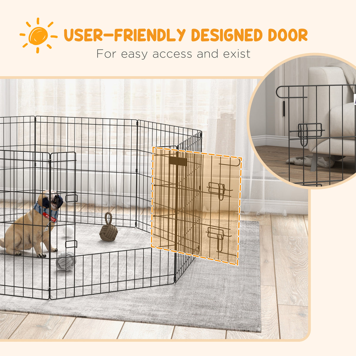 Dog Playpen, Puppy Pen, Eight-Panel Metal Fence, for Small Dogs, Indoors, Outdoors - Black