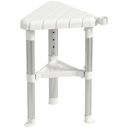 Shower Stool, Aluminium Alloy Corner Shower Chair with Storage Shelf and HDPE Seat, Adjustable Height, White