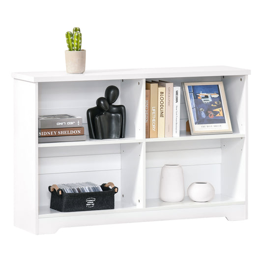 Wooden Cube Bookcase, 2 Tier Open Storage Shelving Unit with 4 Compartments, Freestanding Display Bookshelf for Home Office Living Room Furniture, 118 x 29 x 76cm, White