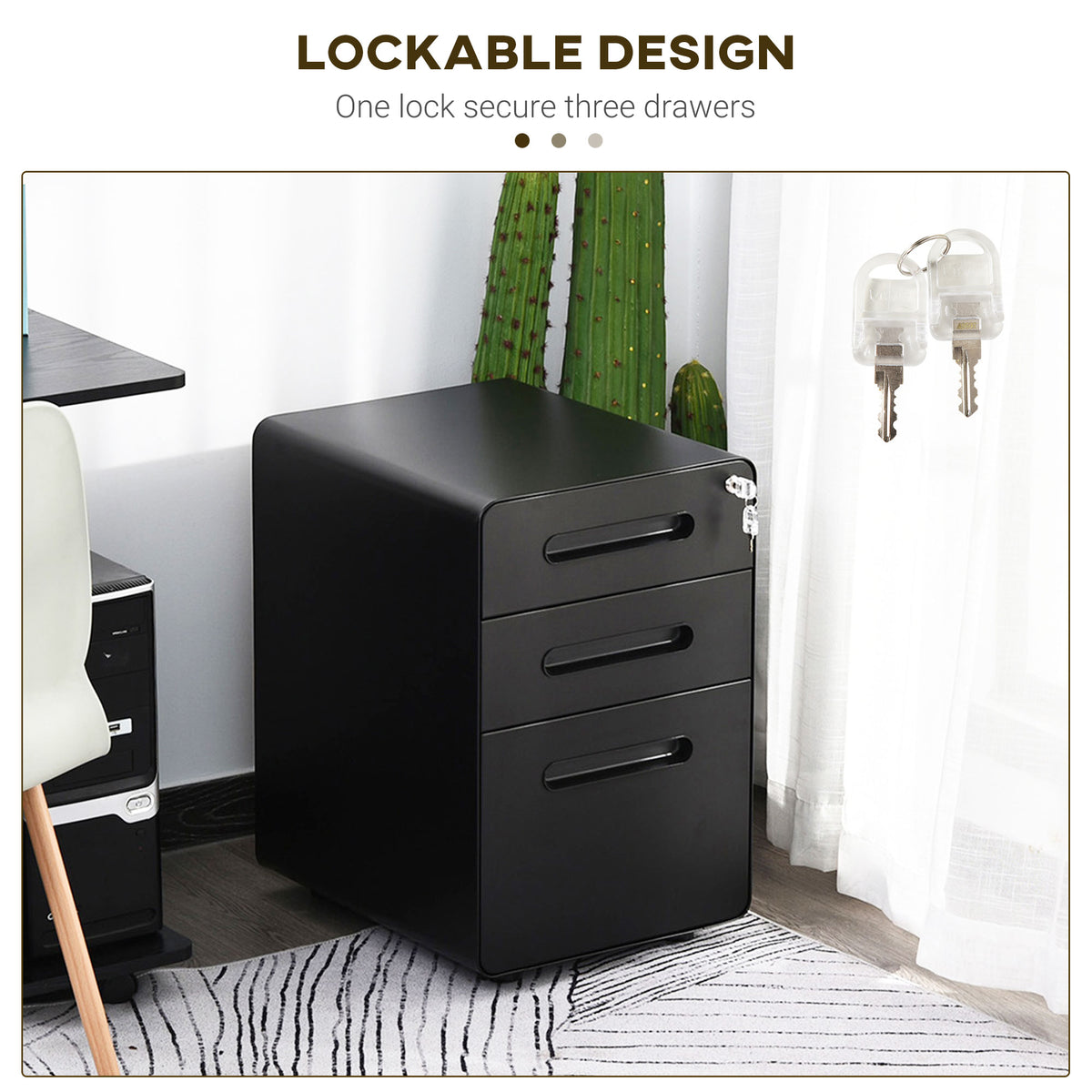 Lockable File Cabinet with 3 Drawers, Vertical Office Drawer for A4, Letter, Legal Size, Anti-tilt Design, Pre-Assembled Body