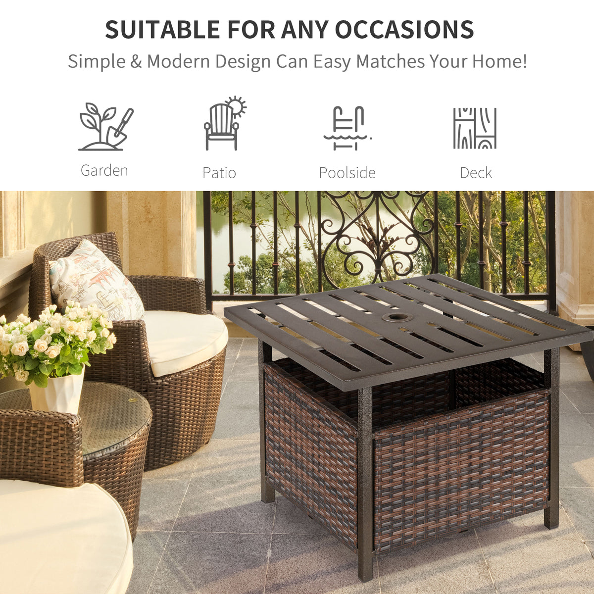 Rattan Garden Coffee Table, 55.5 cm Square Wicker Patio Side Coffee Table with 4 cm Umbrella Hole, Metal Bottom and Slatted Top for Outdoor, Balcony, Brown