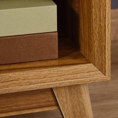 Modern Bedside Table Nightstand, Living Room End Table, Side Table with Drawer and Shelf, Walnut Brown