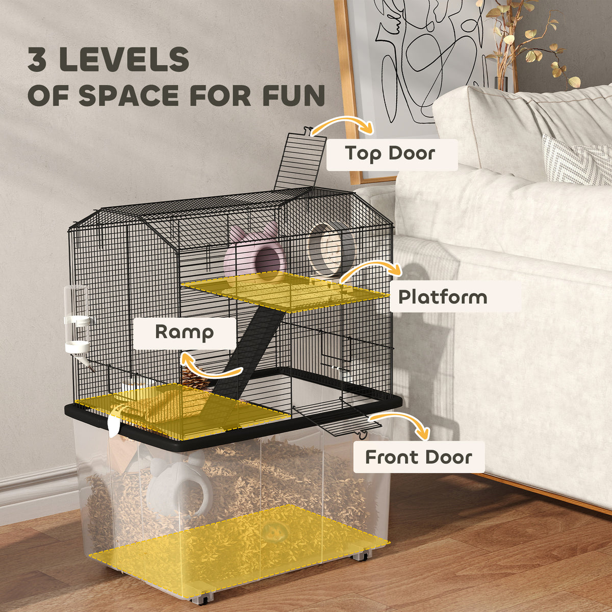 Three-Tier Gerbil Cage, Hamster Cage for Dwarf Hamster w/ Wheels, Deep Bottom, Food Dish, Water Bottle
