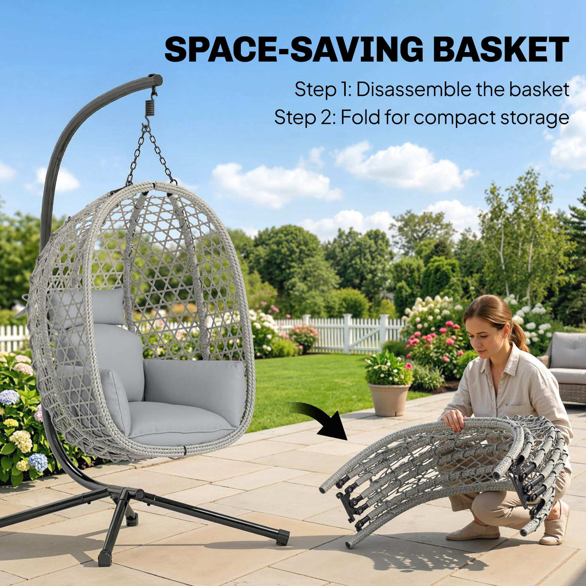 Hanging Egg Chair, Indoor Outdoor Rattan Hammock Swing Chair with Stand, Safety Strap, Foldable Basket