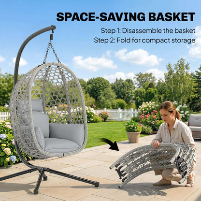Hanging Egg Chair, Indoor Outdoor Rattan Hammock Swing Chair with Stand, Safety Strap, Foldable Basket